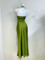 Elegant Minimalist Green Slim Halter Neck Satin Long Prom Dresses Evening Dresses