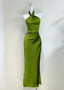 Elegant Minimalist Green Slim Halter Neck Satin Long Prom Dresses Evening Dresses