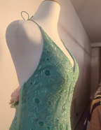 Elegant Mint Green Fitted Beaded Halter Neck Backless Long Prom Dresses Evening Dresses