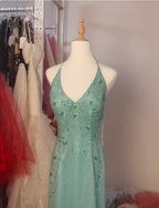 Elegant Mint Green Fitted Beaded Halter Neck Backless Long Prom Dresses Evening Dresses