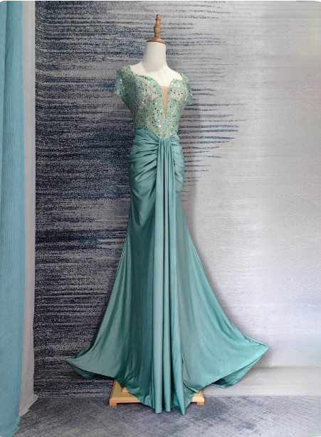 Elegant Mint Green Mermaid Sequin Satin Train Prom Dresses Evening Dresses
