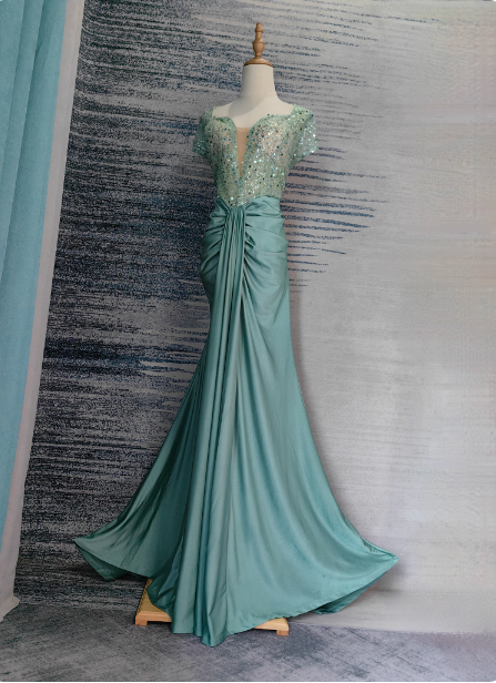 Elegant Mint Green Mermaid Sequin Satin Train Prom Dresses Evening Dresses