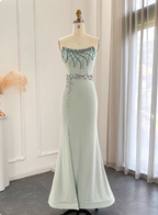 Elegant Mint Green Mermaid Strapless Rhinestone Hotfix Slit Satin Long Prom Dresses Evening Dresses