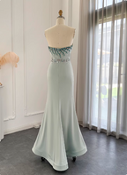 Elegant Mint Green Mermaid Strapless Rhinestone Hotfix Slit Satin Long Prom Dresses Evening Dresses