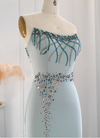 Elegant Mint Green Mermaid Strapless Rhinestone Hotfix Slit Satin Long Prom Dresses Evening Dresses