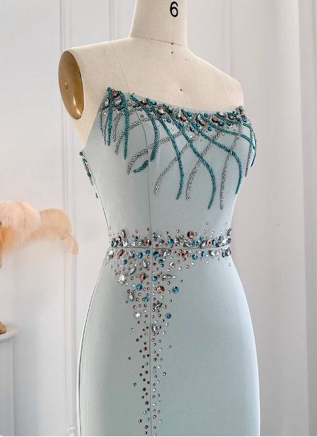 Elegant Mint Green Mermaid Strapless Rhinestone Hotfix Slit Satin Long Prom Dresses Evening Dresses