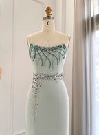Elegant Mint Green Mermaid Strapless Rhinestone Hotfix Slit Satin Long Prom Dresses Evening Dresses