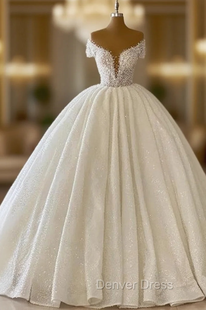 Elegant Modern V-neck Wedding Gowns With Glitter Off-the-shoulder Main image