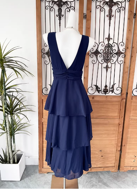 Elegant Navy Blue A-Line V-Neck Ruffled Layered Chiffon Prom Dresses Evening Dresses