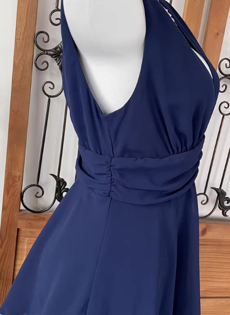Elegant Navy Blue A-Line V-Neck Ruffled Layered Chiffon Prom Dresses Evening Dresses