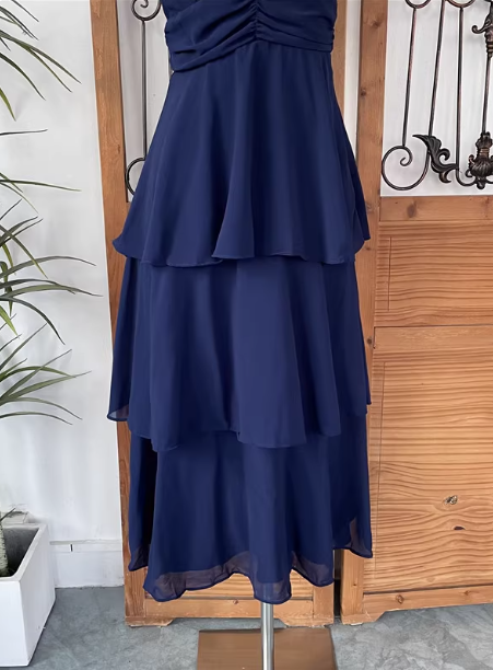 Elegant Navy Blue A-Line V-Neck Ruffled Layered Chiffon Prom Dresses Evening Dresses