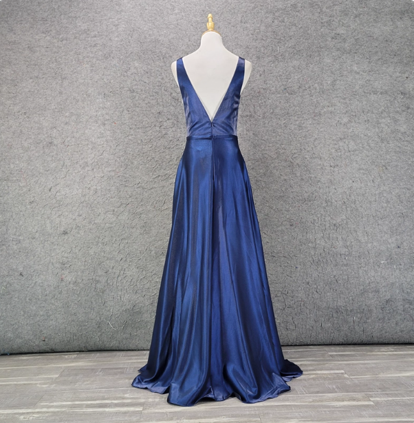 Elegant Navy Blue A-Line V-Neck Satin Long Prom Dresses Evening Dresses
