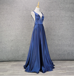 Elegant Navy Blue A-Line V-Neck Satin Long Prom Dresses Evening Dresses