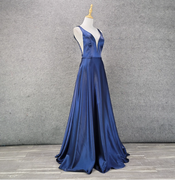 Elegant Navy Blue A-Line V-Neck Satin Long Prom Dresses Evening Dresses