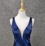 Elegant Navy Blue A-Line V-Neck Satin Long Prom Dresses Evening Dresses