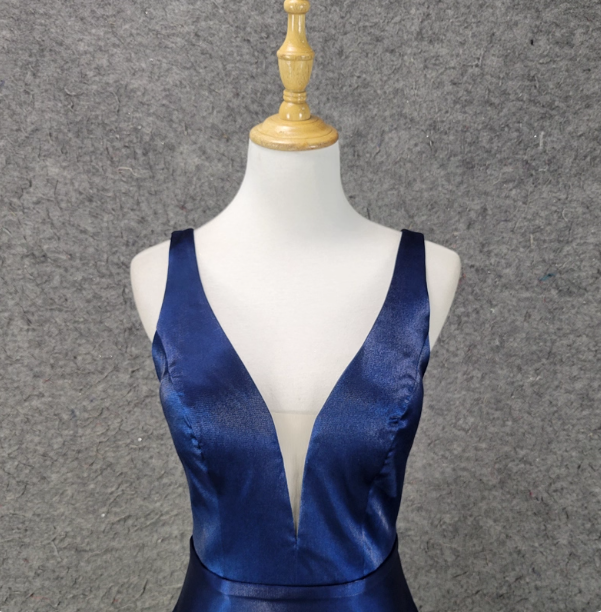 Elegant Navy Blue A-Line V-Neck Satin Long Prom Dresses Evening Dresses