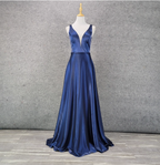 Elegant Navy Blue A-Line V-Neck Satin Long Prom Dresses Evening Dresses
