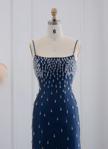 Elegant Navy Blue Bodycon Square Neck Spaghetti Strap Slit Crystal Satin Long Prom Dresses Evening Dresses