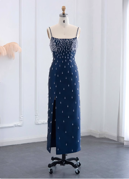 Elegant Navy Blue Bodycon Square Neck Spaghetti Strap Slit Crystal Satin Long Prom Dresses Evening Dresses Main image