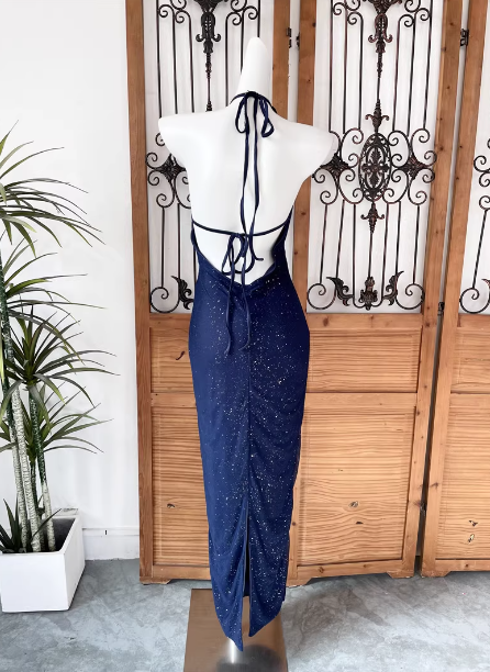 Elegant Navy Blue Halter Backless Glitter Satin Long Prom Dresses Evening Dresses Secondary image