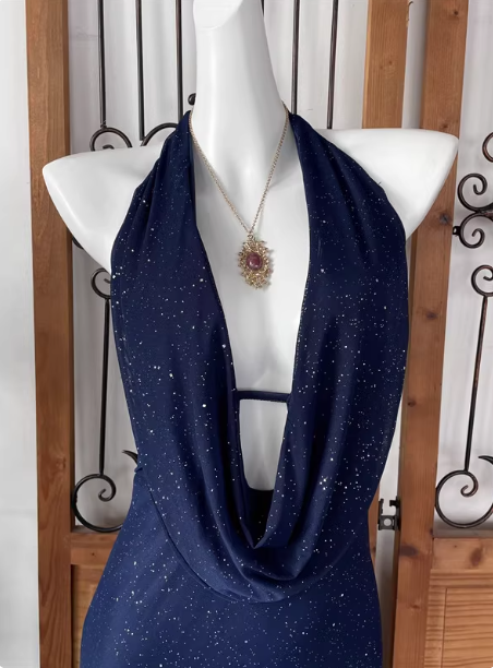 Elegant Navy Blue Halter Backless Glitter Satin Long Prom Dresses Evening Dresses