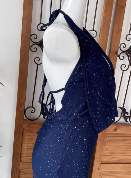 Elegant Navy Blue Halter Backless Glitter Satin Long Prom Dresses Evening Dresses