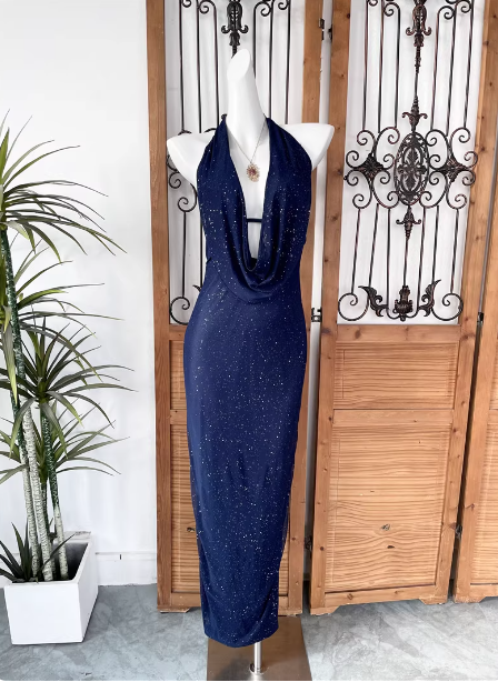 Elegant Navy Blue Halter Backless Glitter Satin Long Prom Dresses Evening Dresses