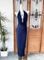 Elegant Navy Blue Halter Backless Glitter Satin Long Prom Dresses Evening Dresses