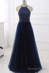 Elegant Navy Blue Halter Beaded Long Evening Dress, Beautiful Prom Dress