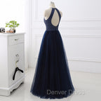 Elegant Navy Blue Halter Beaded Long Prom Dress