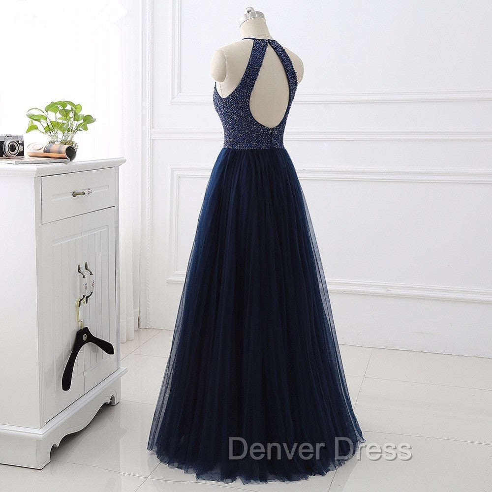 Elegant Navy Blue Halter Beaded Long Prom Dress