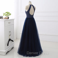 Elegant Navy Blue Halter Beaded Long Evening Dresses, Prom Dresses