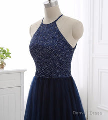 Elegant Navy Blue Halter Beaded Long Evening Dress, Prom Dress