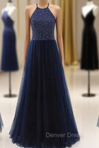 Elegant Navy Blue Halter Beaded Long Prom Dress