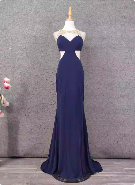 Elegant Navy Blue Mermaid Beaded Open Back Chiffon Long Prom Dresses Evening Dresses Secondary image