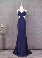 Elegant Navy Blue Mermaid Beaded Open Back Chiffon Long Prom Dresses Evening Dresses