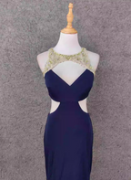 Elegant Navy Blue Mermaid Beaded Open Back Chiffon Long Prom Dresses Evening Dresses