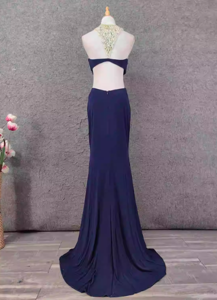 Elegant Navy Blue Mermaid Beaded Open Back Chiffon Long Prom Dresses Evening Dresses