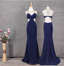 Elegant Navy Blue Mermaid Beaded Open Back Chiffon Long Prom Dresses Evening Dresses
