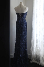 Elegant Navy Blue Mermaid Heart-Shaped Neckline Feather Sequined Long Prom Dresses Evening Dresses