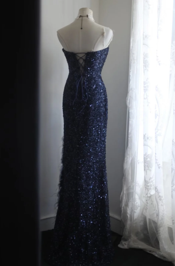 Elegant Navy Blue Mermaid Heart-Shaped Neckline Feather Sequined Long Prom Dresses Evening Dresses