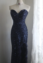Elegant Navy Blue Mermaid Heart-Shaped Neckline Feather Sequined Long Prom Dresses Evening Dresses