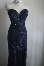 Elegant Navy Blue Mermaid Heart-Shaped Neckline Feather Sequined Long Prom Dresses Evening Dresses
