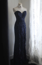 Elegant Navy Blue Mermaid Heart-Shaped Neckline Feather Sequined Long Prom Dresses Evening Dresses