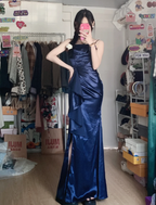 Elegant Navy Blue Mermaid High-Slit Ruffled Satin Long Prom Dresses Evening Dresses