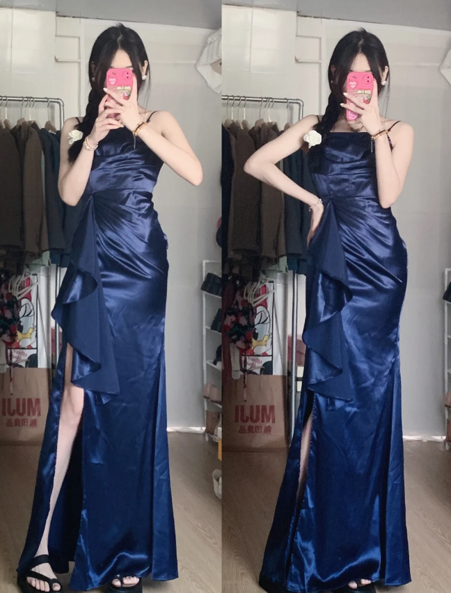 Elegant Navy Blue Mermaid High-Slit Ruffled Satin Long Prom Dresses Evening Dresses