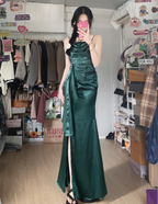 Elegant Navy Blue Mermaid High-Slit Ruffled Satin Long Prom Dresses Evening Dresses