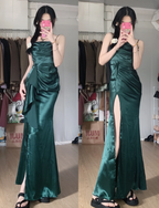 Elegant Navy Blue Mermaid High-Slit Ruffled Satin Long Prom Dresses Evening Dresses