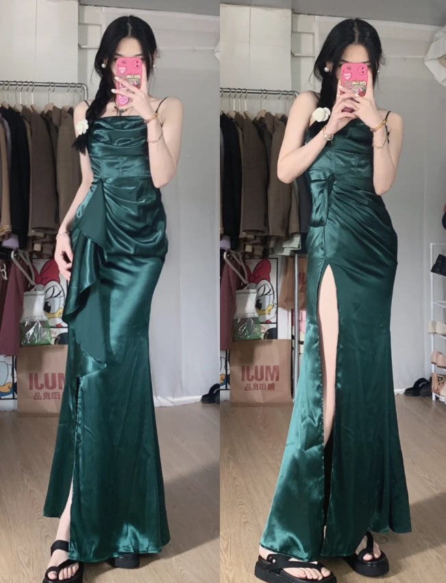 Elegant Navy Blue Mermaid High-Slit Ruffled Satin Long Prom Dresses Evening Dresses