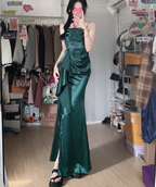 Elegant Navy Blue Mermaid High-Slit Ruffled Satin Long Prom Dresses Evening Dresses